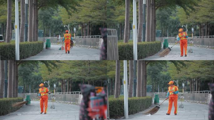 深圳市福田区女环卫工人在清扫街道-