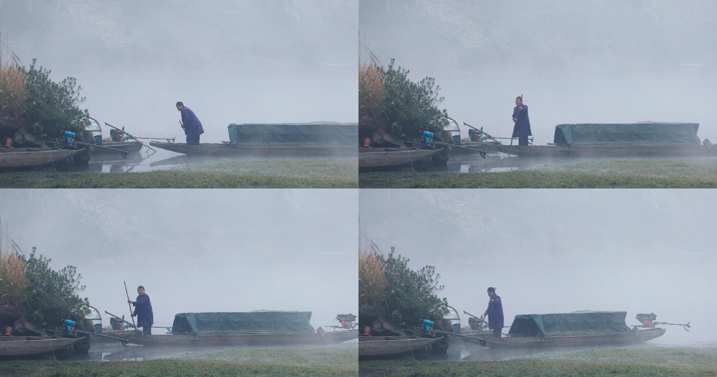 4K晨雾中河面的渔民渔船04