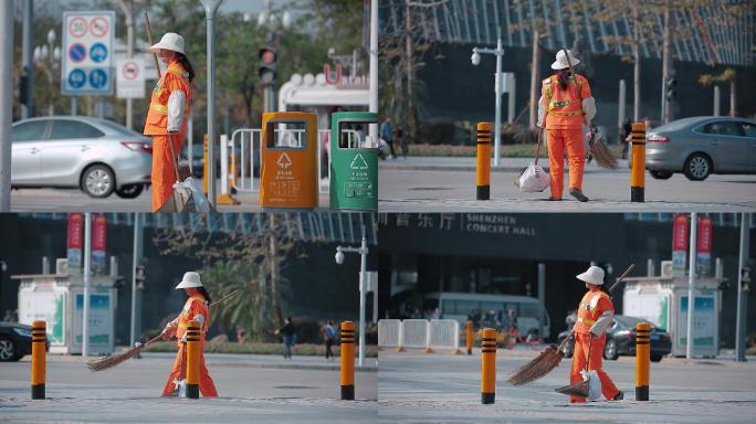 深圳市福田区街头的女环卫工人