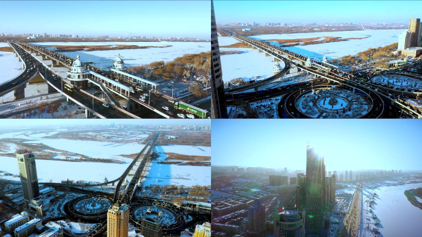 航拍冬季公路大桥哈尔滨冬季