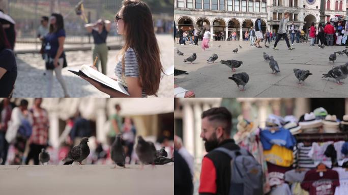 欧洲广场人物写生喂鸽子