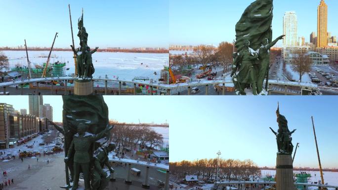 航拍冬季哈尔滨防洪纪念塔
