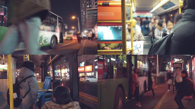 4K夜晚城市公交车-女孩望着公交车窗外