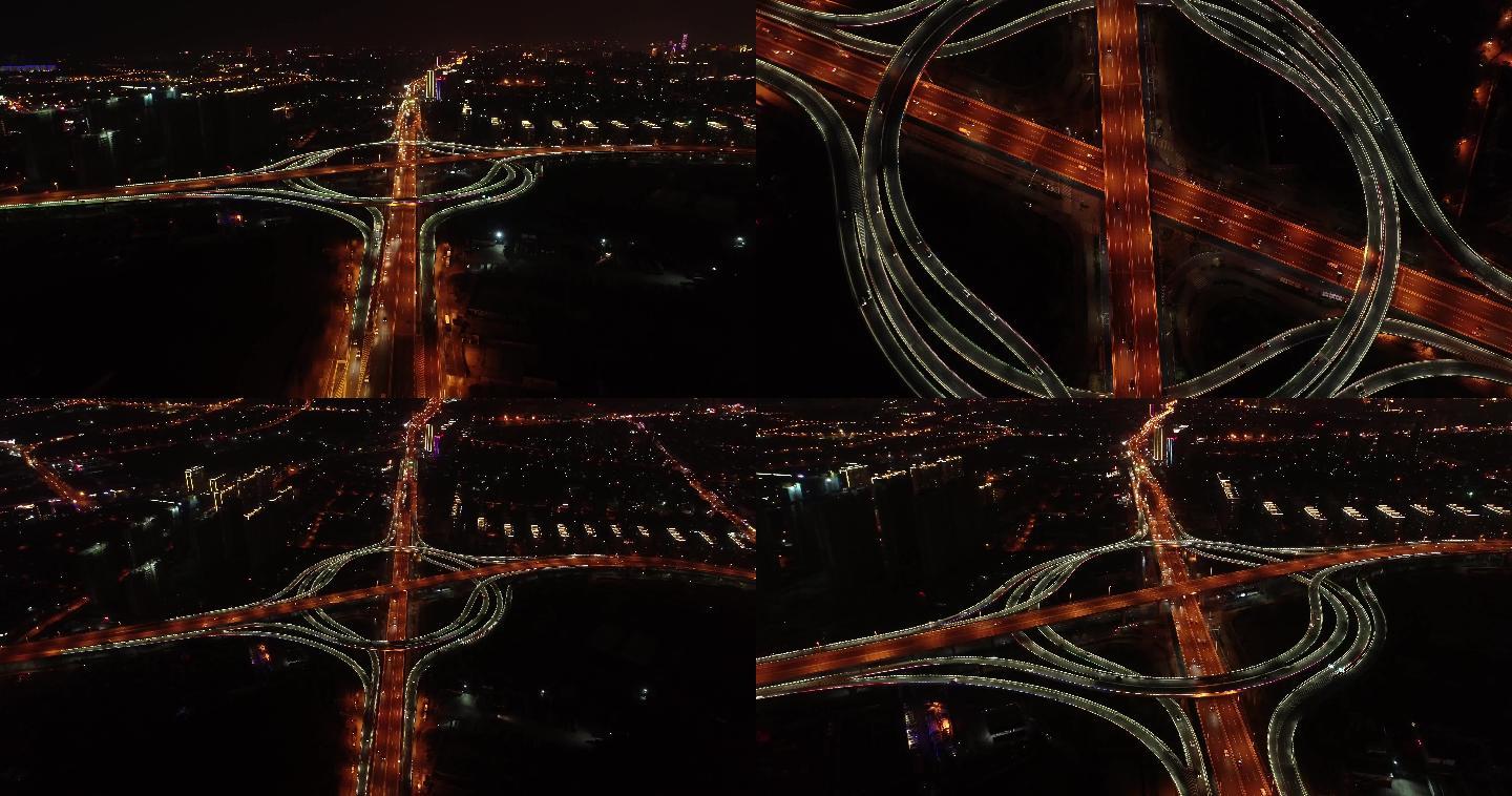 4k航拍城市高架桥立交桥夜景