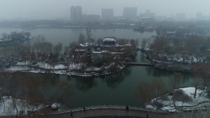 济南大明湖航拍雪景