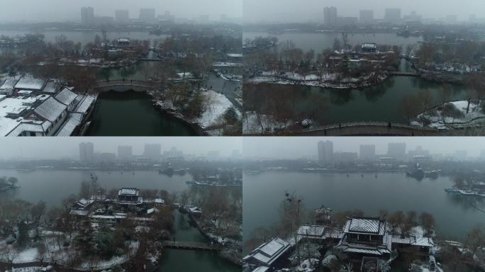 济南大明湖航拍雪景