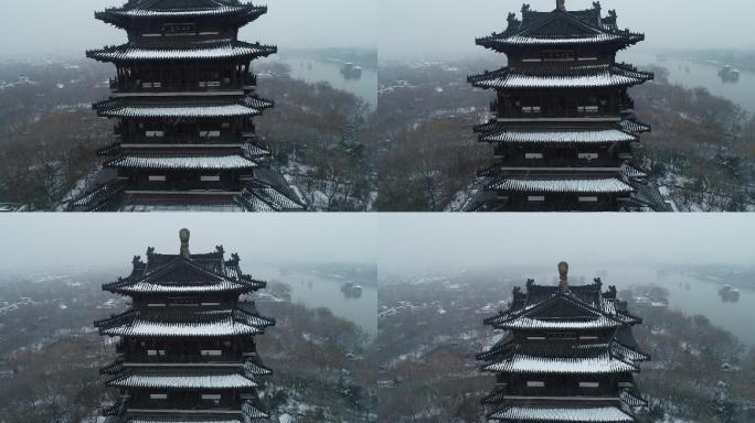 济南大明湖鹊华楼雪景实拍素材