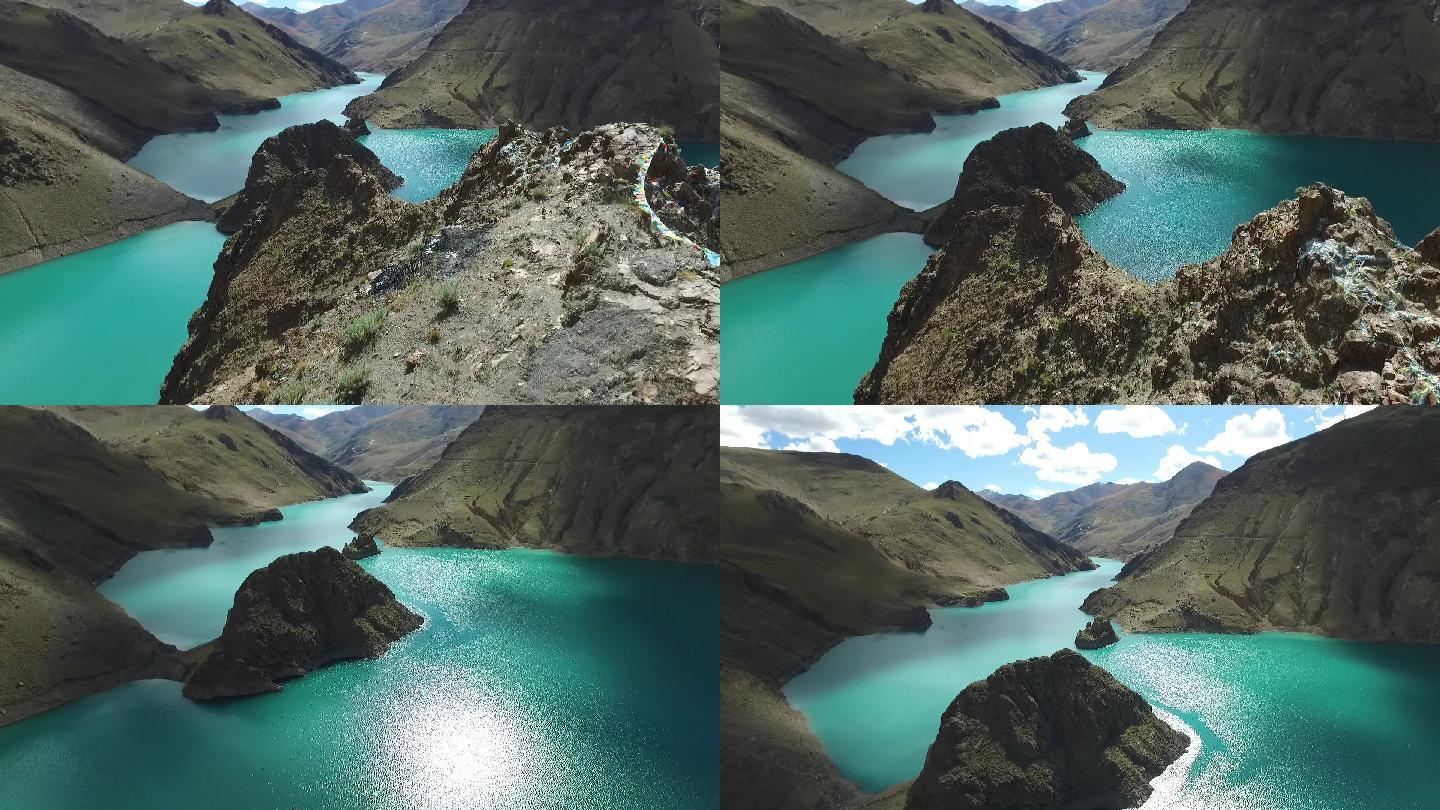 西藏清澈湖水航拍