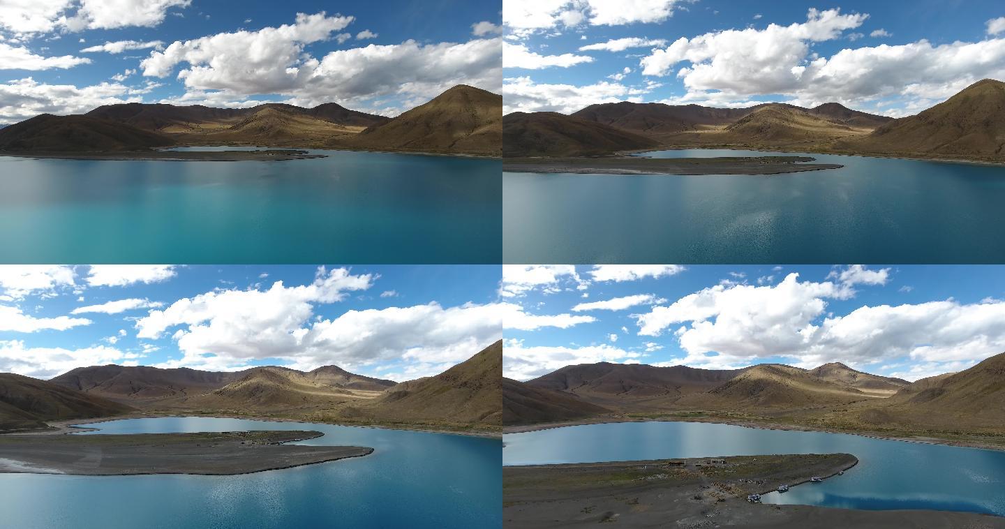 航拍西藏湖水蓝天白云