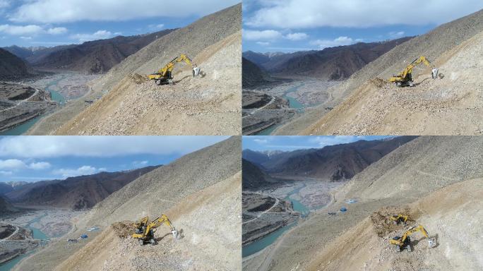 航拍西藏公路施工悬崖峭壁挖掘机