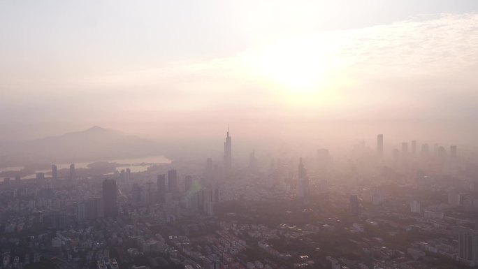城市中心日出航拍cbd日出南京紫峰