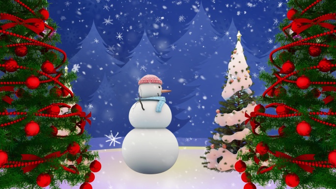 4k唯美圣诞节雪人圣诞树雪景循环素材(