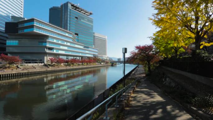 日本大阪城公园清晨河边散步红叶
