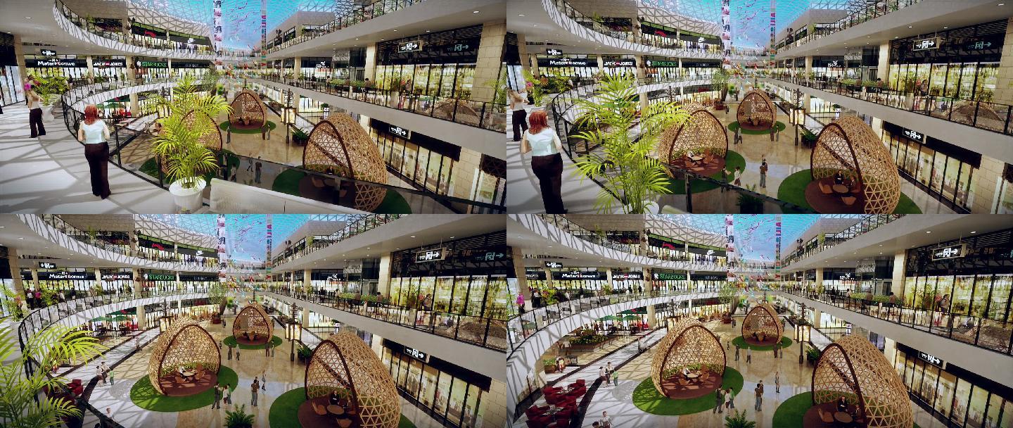 商场购物中心中庭小全景三维动画镜头