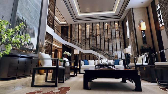 大气欧式室内风格loft挑高客厅全景镜头