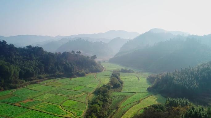 4K航拍南方山区村庄河流山峦01