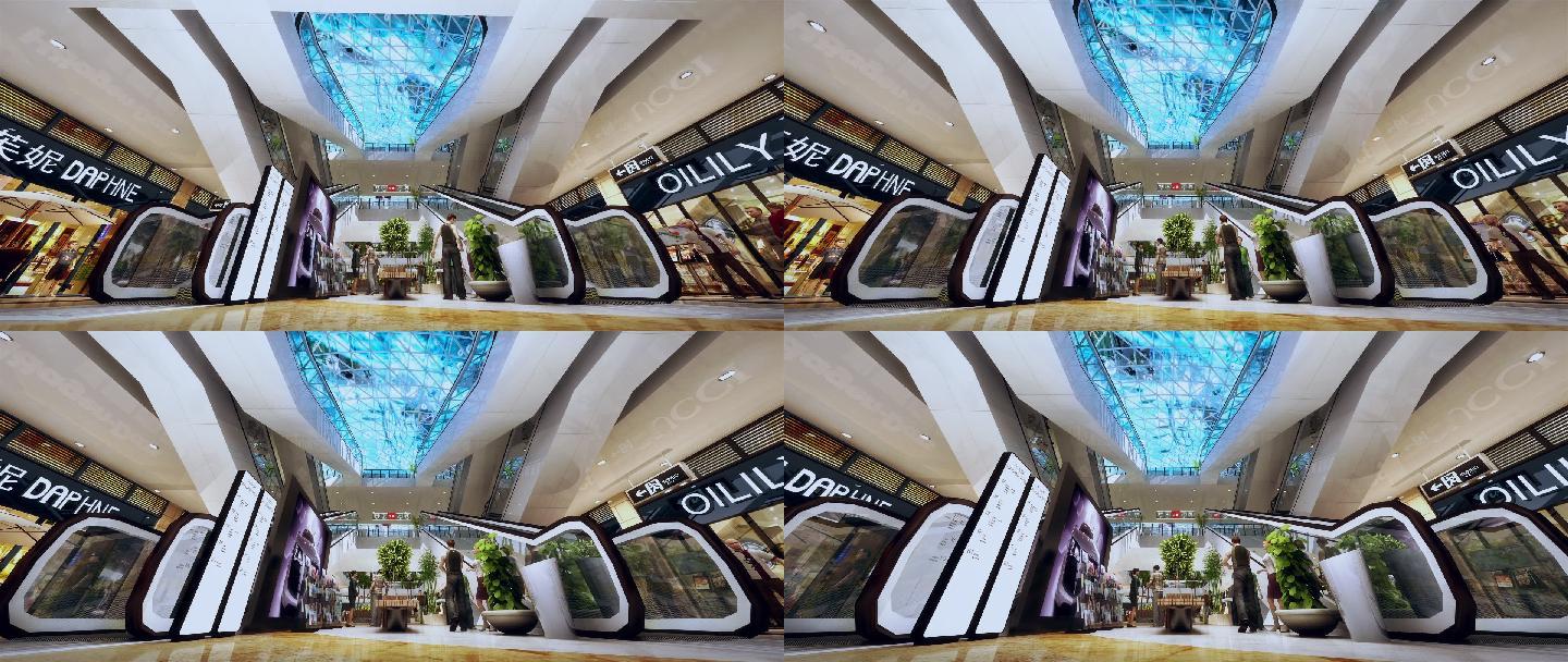 商场购物中心大堂扶梯广角全景三维动画镜头