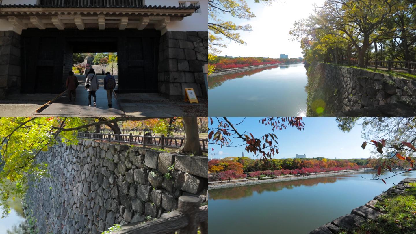 日本大阪城公园清晨河边红叶孤独的人