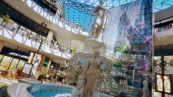 商场购物中心景观中庭雕塑水流摇臂镜头