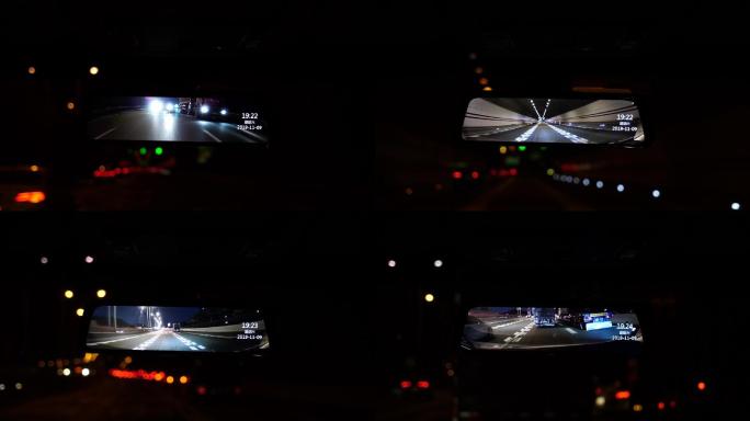 流媒体后视镜行车记录仪晚上高速公路实拍素
