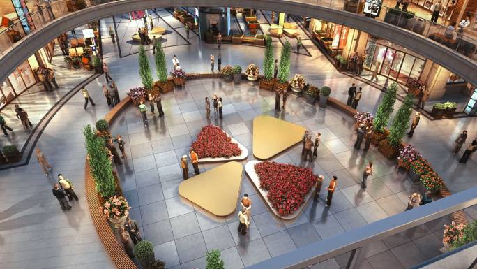 商场购物中心中庭花坛休息座椅俯视三维动画