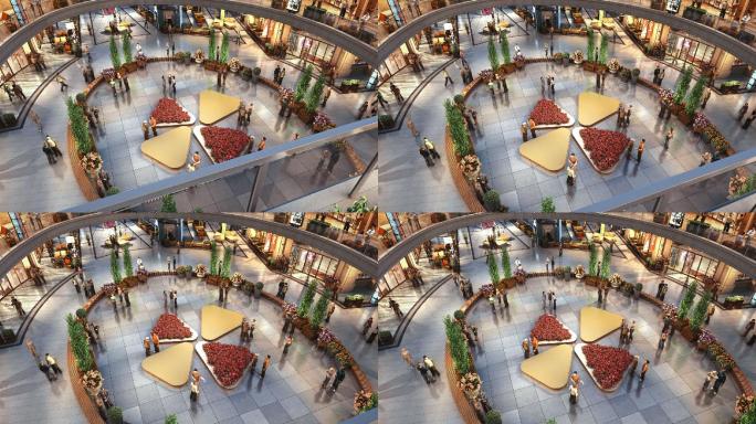 商场购物中心中庭花坛休息座椅俯视三维动画