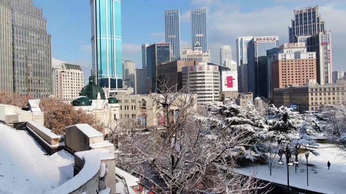 大连中山广场雪后美景4k航拍