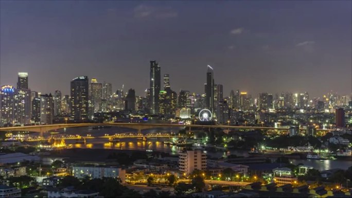 河边夜景风景城市风光游船通过