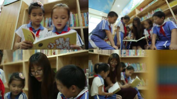 老师带学生图书馆看书阅读讲故事