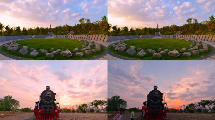 枣庄薛城烈士陵园纪念碑和火车头延时摄影