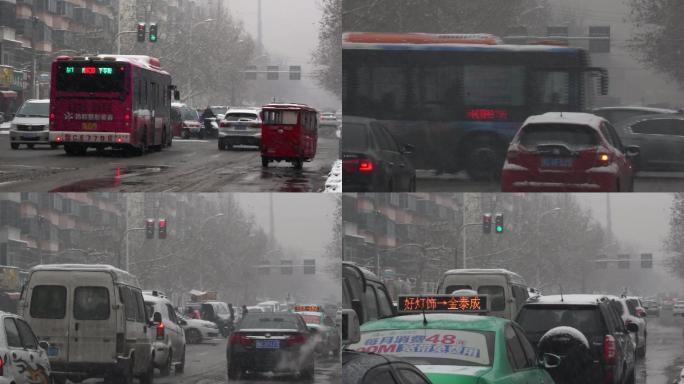 大雪天路上车辆和行人（含同期声）