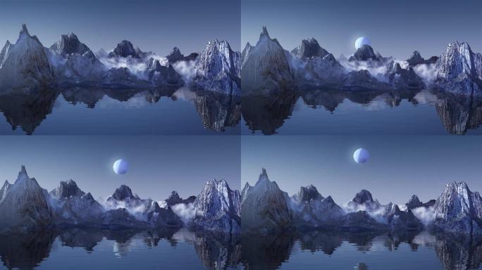 3D湖面月亮升起视频素材