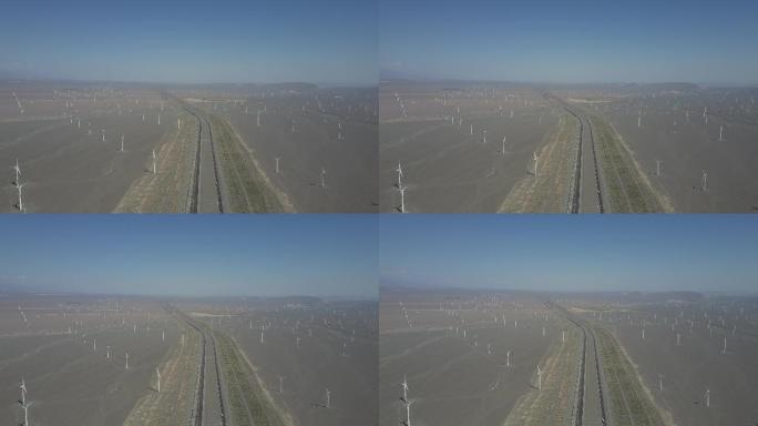 新疆航拍沙漠大风车公路