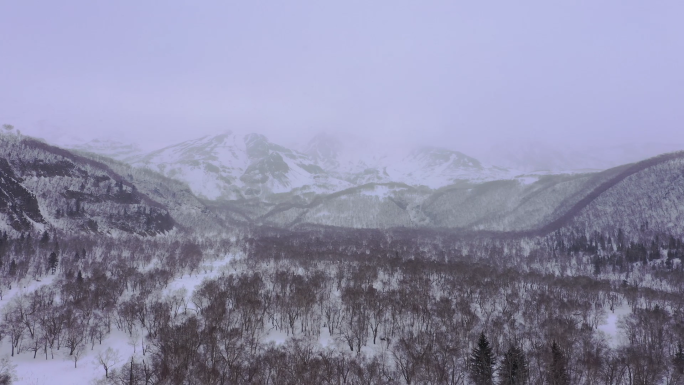 长白山航拍下雪雾蒙蒙景色