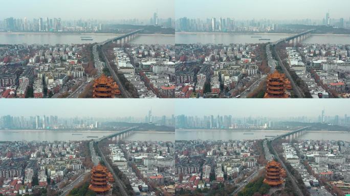 4k航拍，黄鹤楼和身后的武汉长江大桥远景