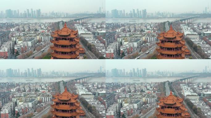 4k航拍，黄鹤楼和身后的武汉长江大桥