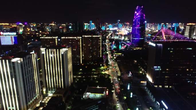 航拍宁波城市夜景商业区地标建筑夜景