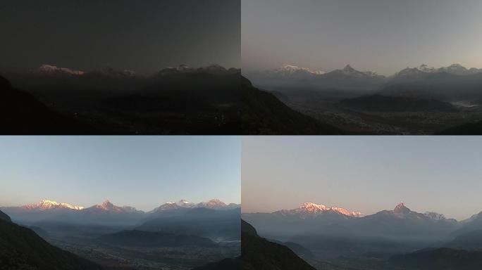 喜马拉雅山鱼尾峰日出日照山头太阳升起