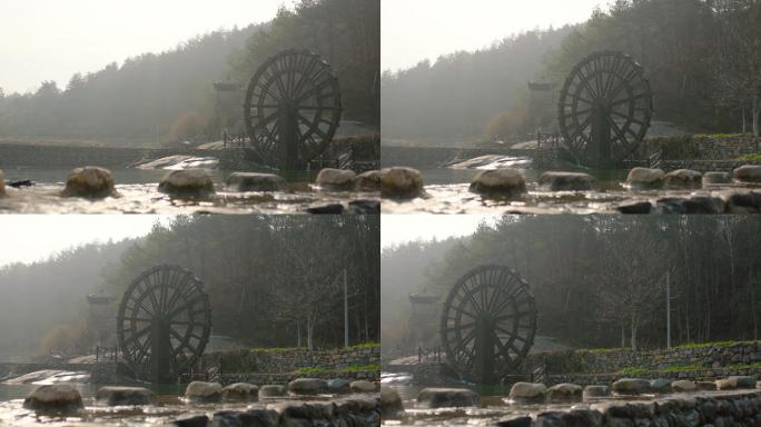 4k视频，中国北方冬季村庄里的水车