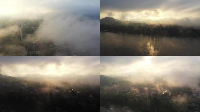 东南亚老挝琅布拉邦烟雾缭绕高清高空航拍