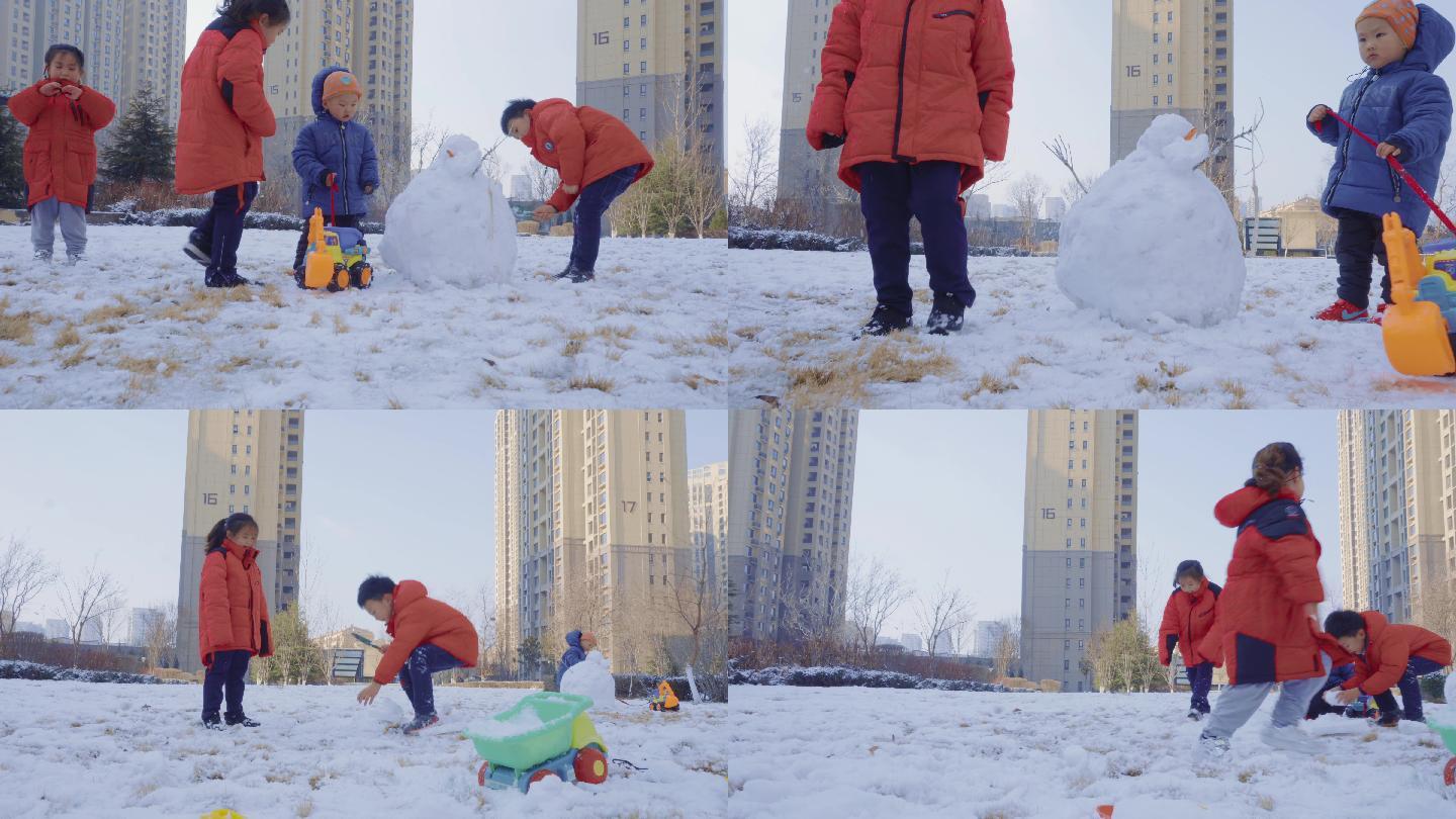 4K冬天小朋友在雪地里打雪仗堆雪人