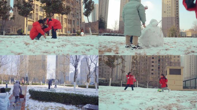 4K小区雪景-孩子玩雪-堆雪人-打雪仗