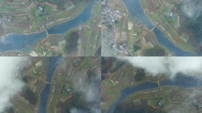 4k航拍，透过云层看到的湿地和田地