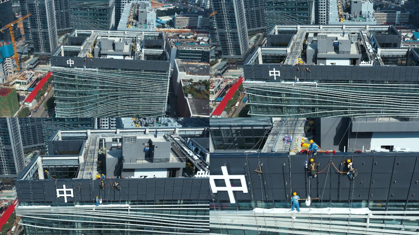4k航拍，深圳高楼楼顶在焊接安装字牌