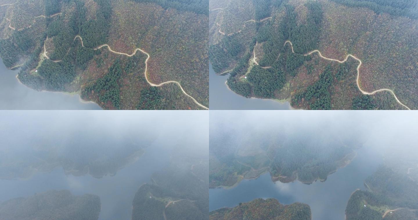 4k航拍，透过云层拍摄的森林和江河