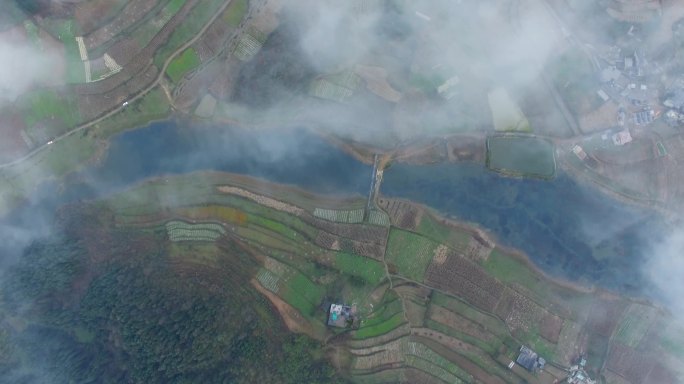 云雾航拍视频云层之上俯视湿地和周围的村庄