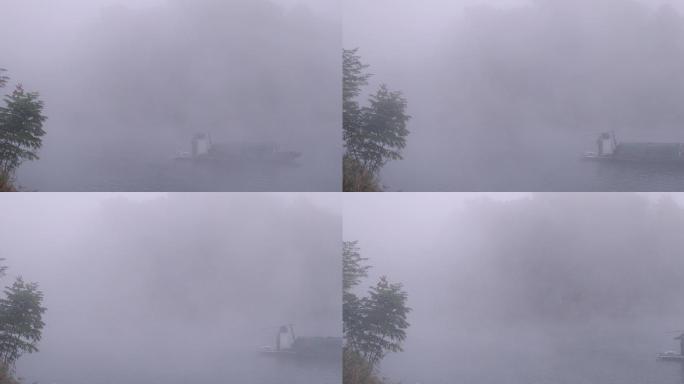 4K晨雾中河面的渔船02