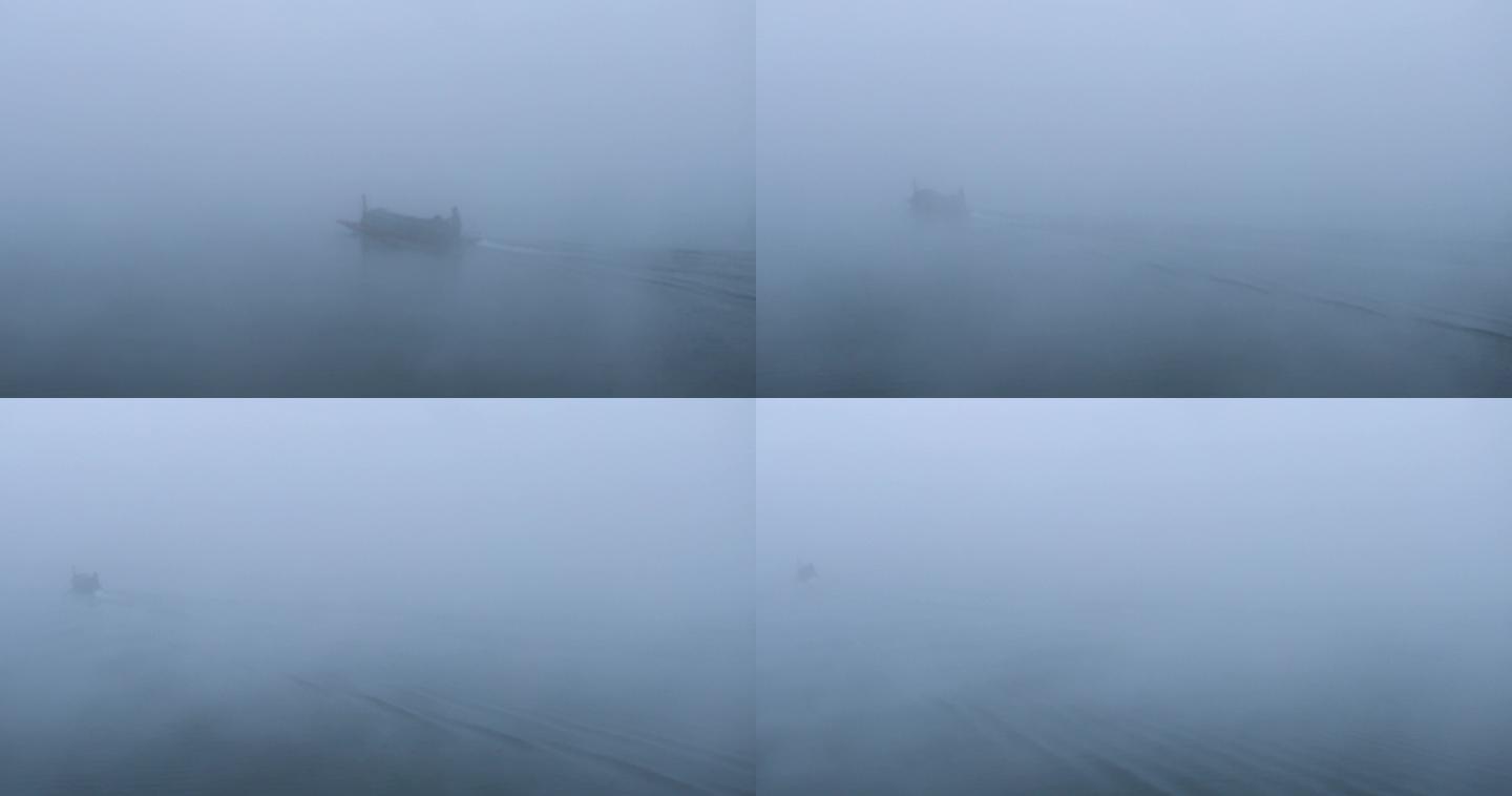 4K迷雾中模糊的渔船划过河面