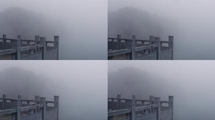 大雾河边的青石栏杆