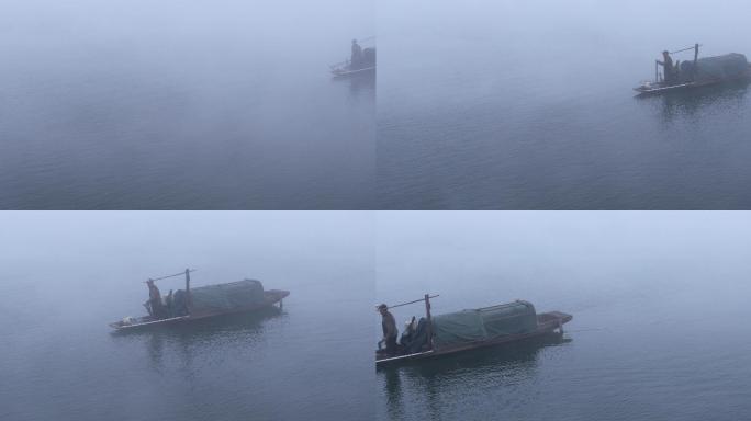 4K河面晨雾中渔船划过01